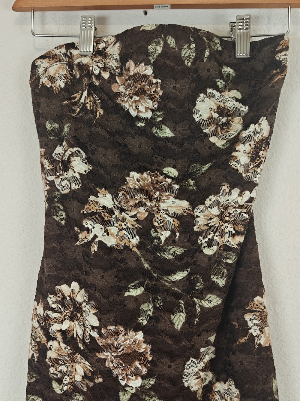 J for Justify Floral Lace Strapless Midi Dress Brown Romantic Ruffle Side Slit M - Picture 8 of 16
